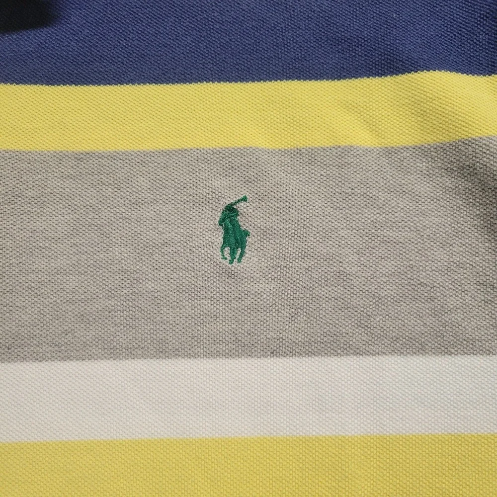 Polo Ralph Lauren Mens Large Striped Polo Shirt Blue Yellow Grey Made in USA L